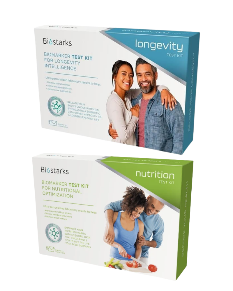 Biostarks Longevity and Nutrition biomarker test kit boxes